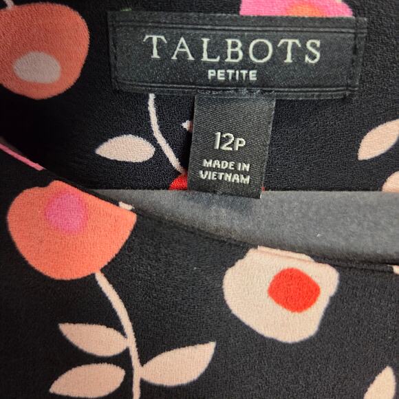 Talbots Jewel Neck Shift Dress 12P Black Pink Poppy Floral Short Sleeve Ruffle - Picture 5 of 16